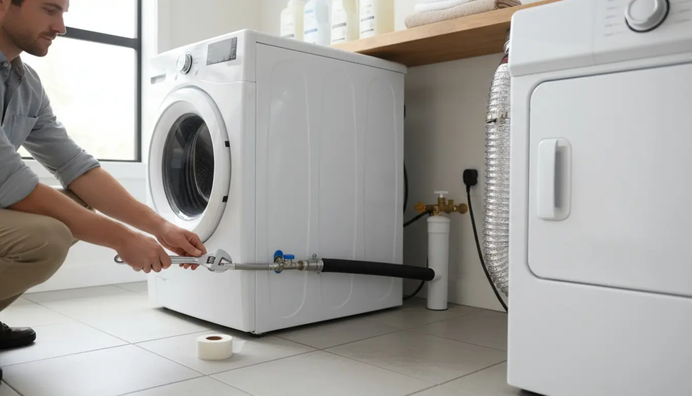 Hænder tilslutter vandslange og elstik til vaskemaskine ved siden af tørretumbler i et lyst vaskerum.