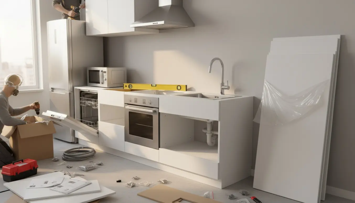 Montage af et IKEA-køkken med hvide underskabe uden bordplade, værktøj og hvidevarer klar til installation.