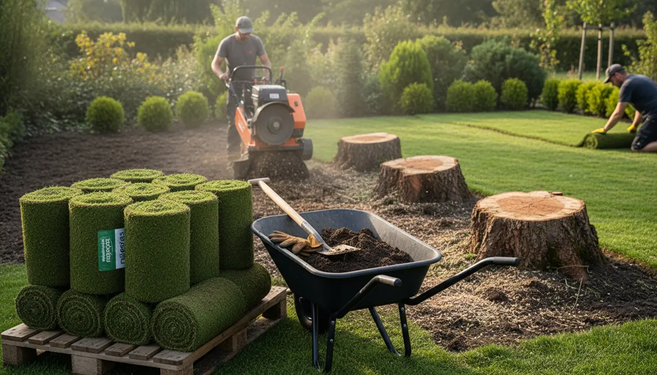 En have under oprydning med stubfræser, rullegræs og redskaber klar til at anlægge ny plæne.