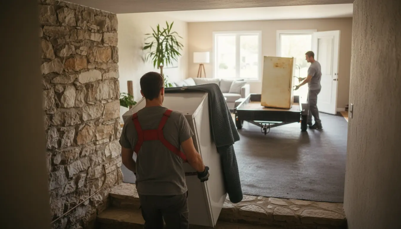 Flyttemænd bærer et nyt køleskab op ad kældertrappen, mens et gammelt køleskab læsses i en trailer.