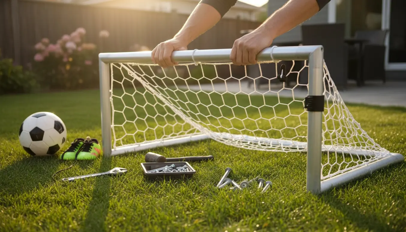 Hænder opsætter et børnefodboldmål i baghaven med nettet fastgjort.