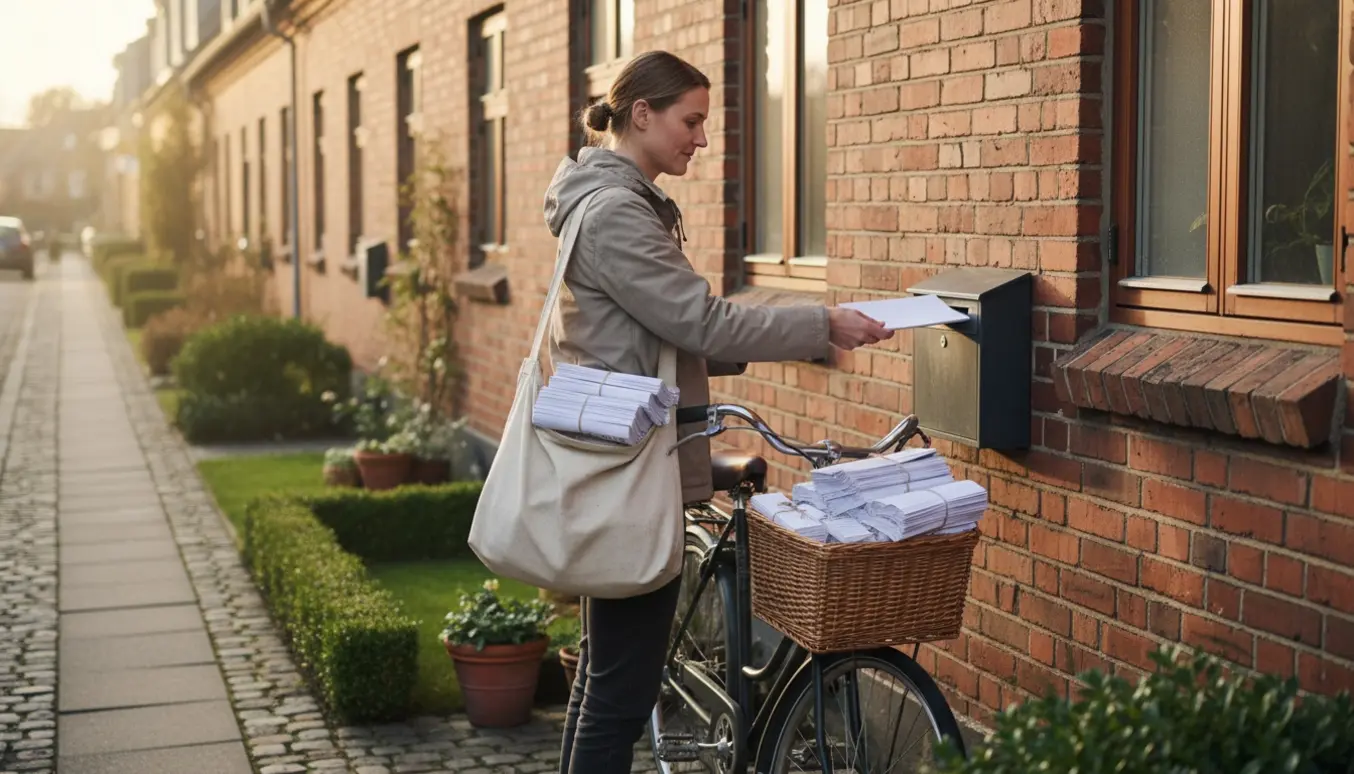 En person sætter reklamefoldere i en postkasse foran en dansk rødstensejendom med cykel og små haver i baggrunden.
