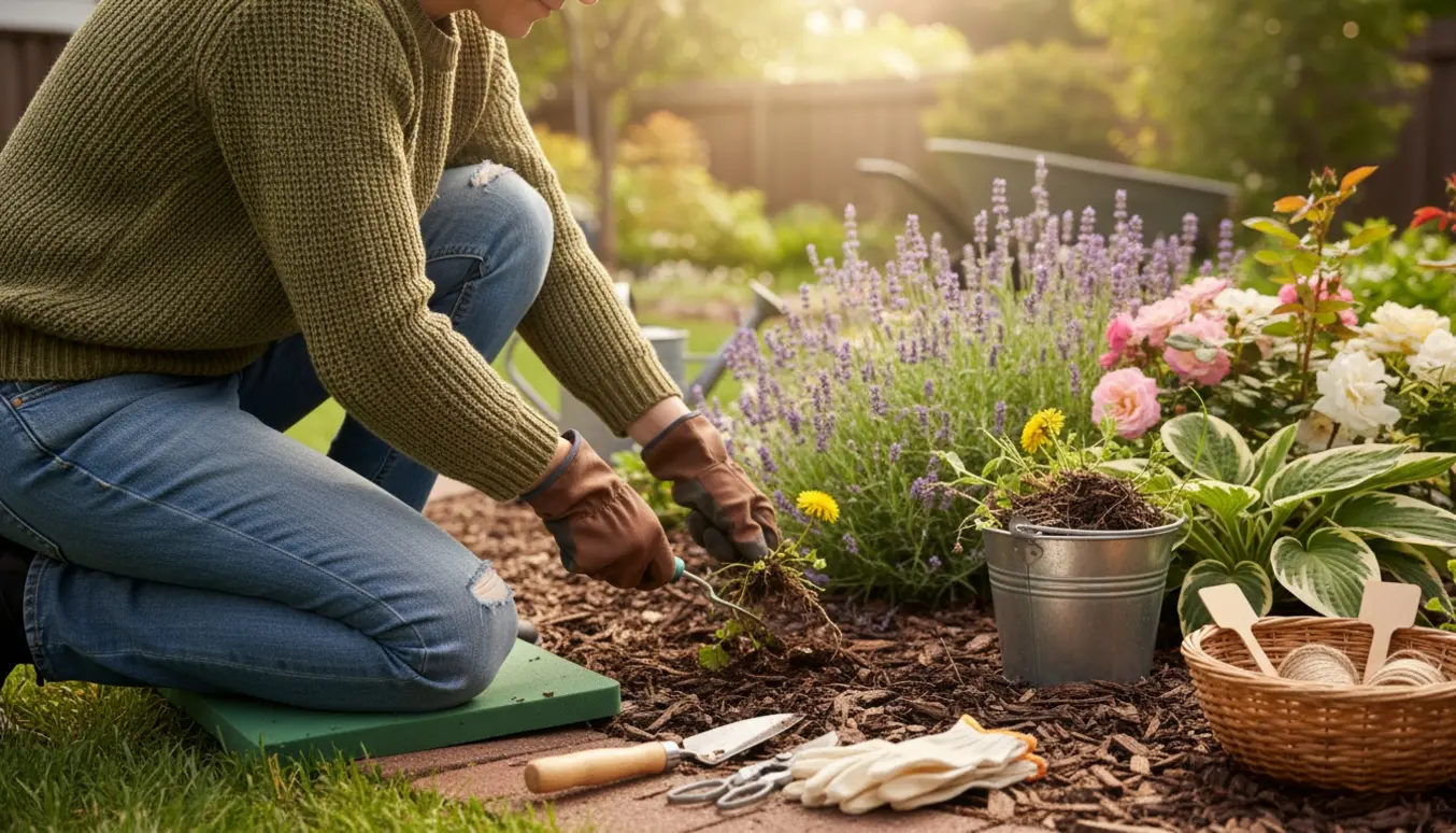 Person fjerner ukrudt fra et blomsterbed med handværktøj i en solbeskinnet have.