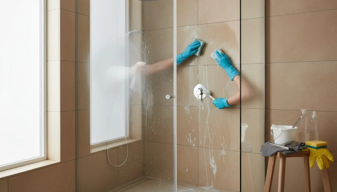 Nærbillede af en moderne brusekabine, hvor handskehænder fjerner kalk fra fliser og renser afløbsristen.