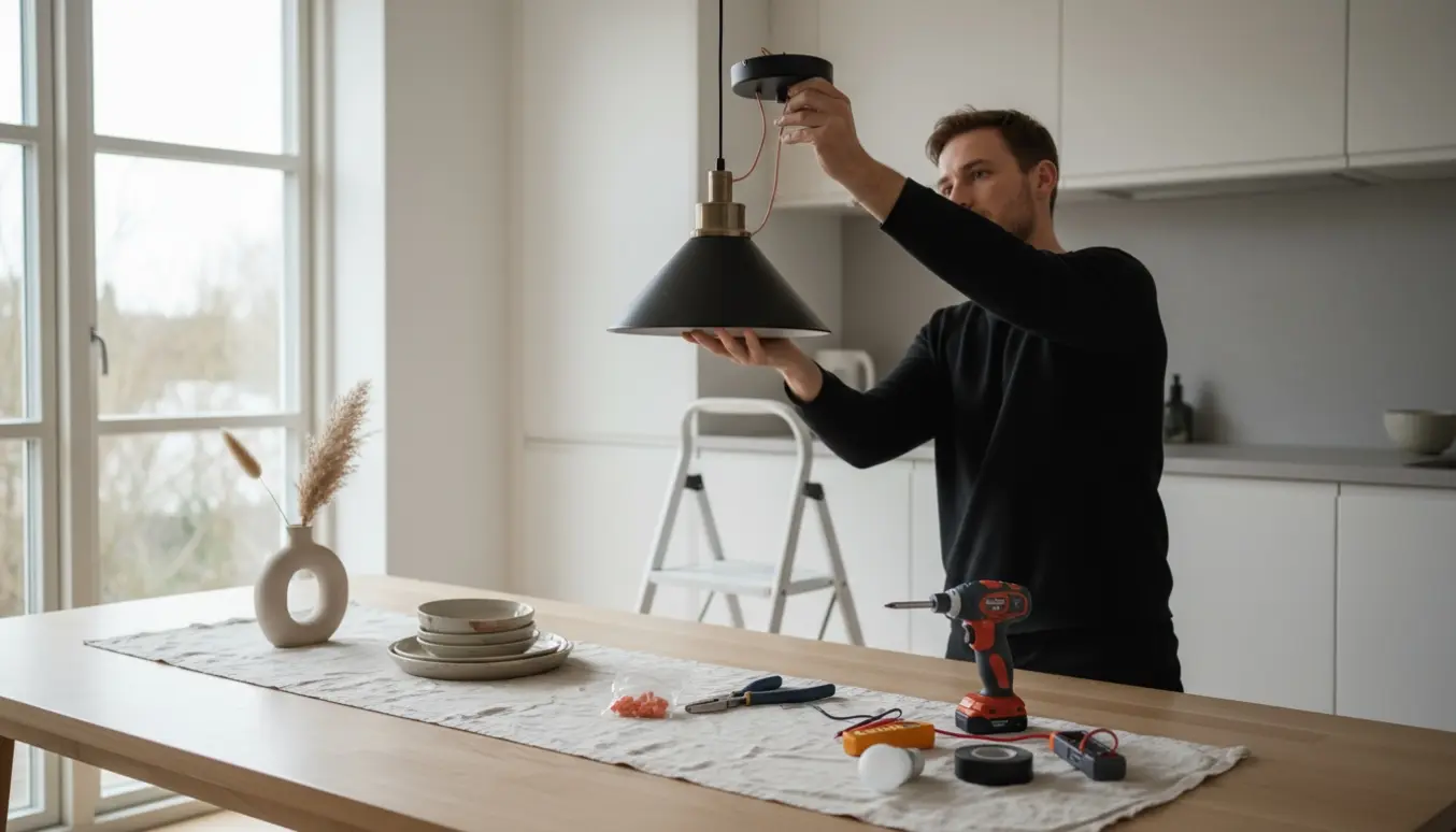Hænder monterer en pendellampe over et spisebord i et lyst, moderne køkken.