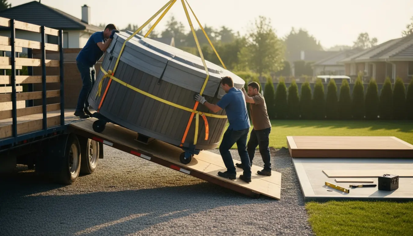 Et boblebad løftes fra en trailer langs en rampe og flyttes mod sin plads i haven.