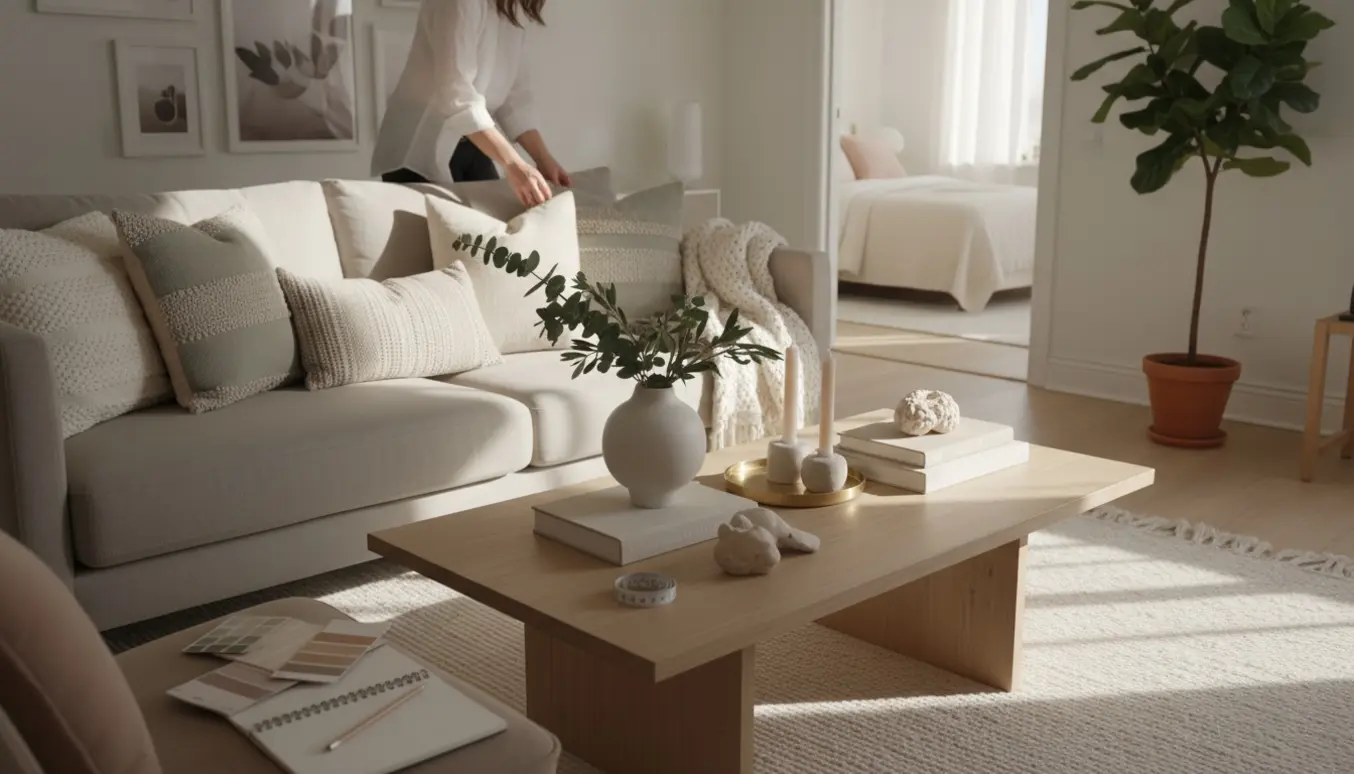 Hjemmeindretter arrangerer puder og stylingdetaljer i en moderne lejligheds stue.