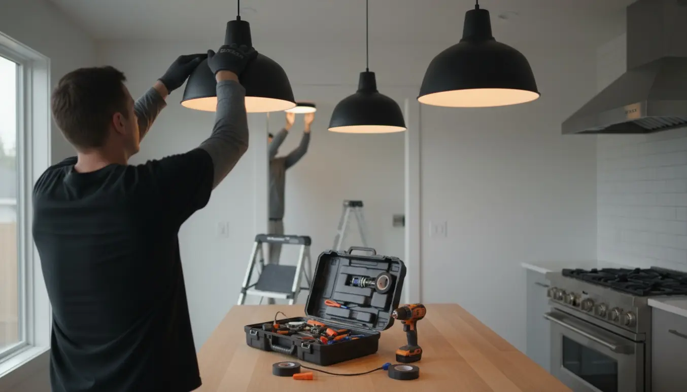 Nærbillede af montering af to pendler over komfur og en loftslampe i bryggers med værktøj og stige.