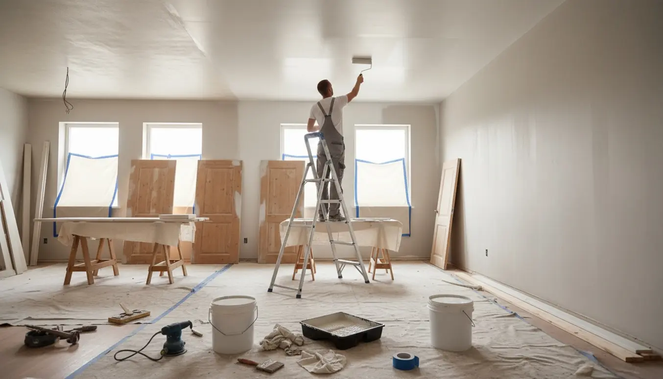 Indendørs malerarbejde med stige, ruller, malerbøtter, døre og nymalet loft.