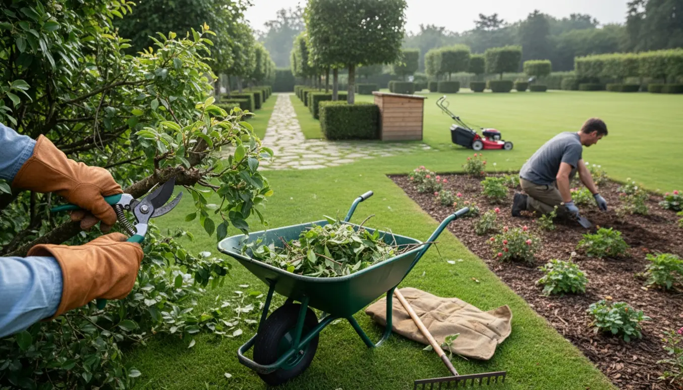 Handskerede hænder beskærer en busk i en velplejet have med bede, hæk og græsplæne.