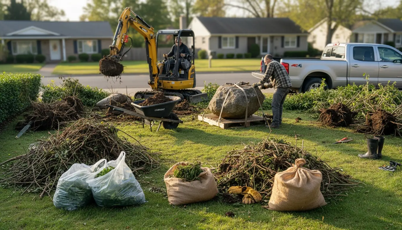 Oprydning i forhave med fjernede træer, hækstubbe, bunker af haveaffald og en stor sten klar til bortskaffelse.