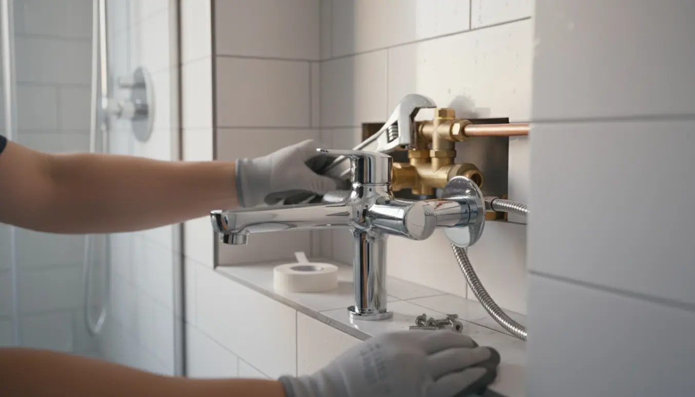 Nærbillede af to hænder, der monterer et krom blandingsbatteri i en flisebeklædt bruseniche.