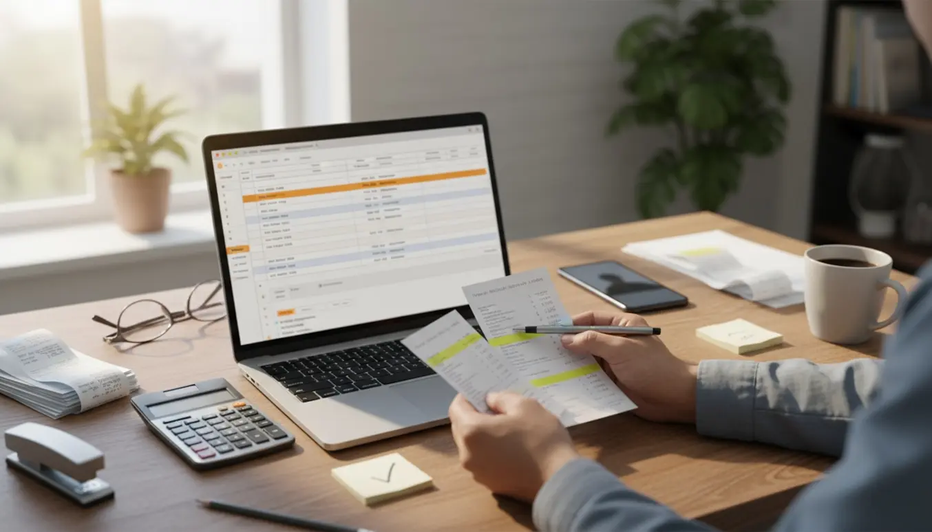 Nærbillede af en bærbar og hænder, der afstemmer bilag med kvitteringer på et ryddeligt kontorbord.