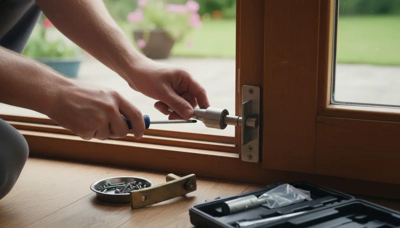 Nærbillede af hænder, der udskifter en løs terrassedørslås med værktøj ved en glasdør.