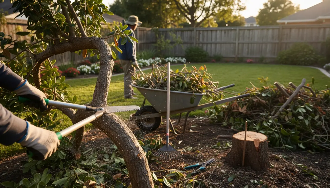 En person fjerner grene og uønskede buske i en solbeskinnet baghave med trillebør og haveredskaber.
