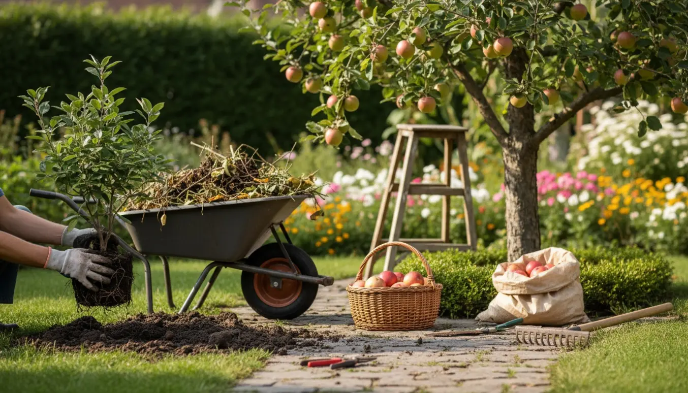 Havearbejde med handsker, en plante der trækkes op, en trillebør med beskårne grene og en kurv med æbler under et æbletræ.