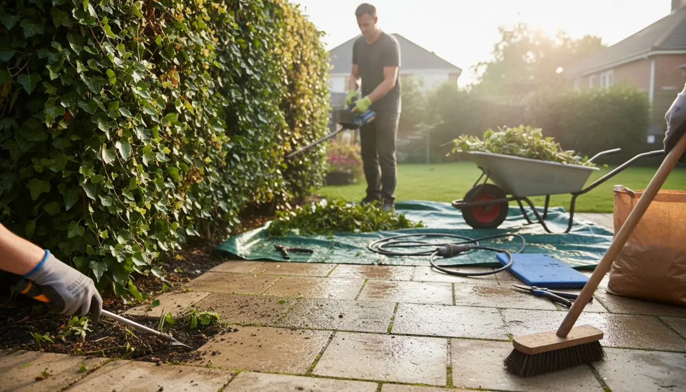 Handskeklædte hænder fjerner ukrudt mellem fliserne, mens en efeuhæk på cirka 2 meter klippes i baggrunden.