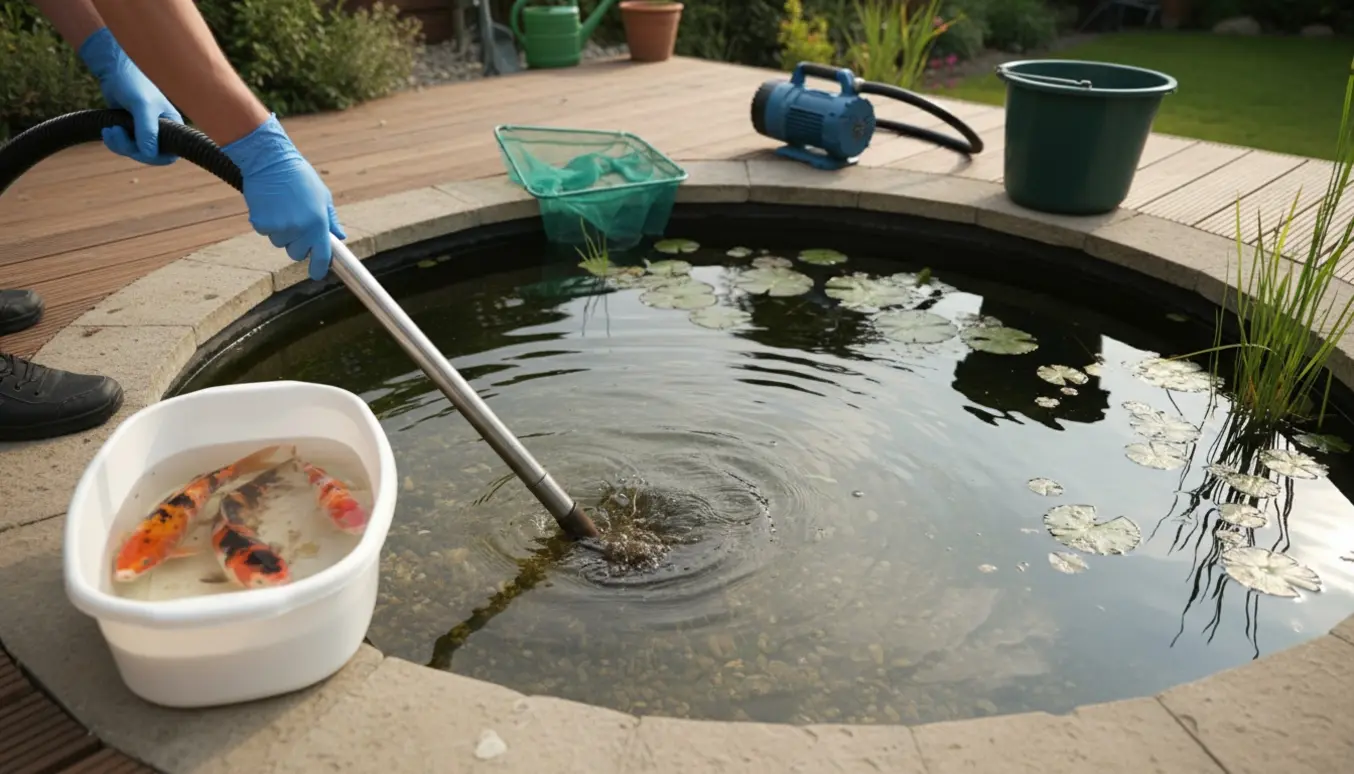 Rensning af ca. 3 m fiskedam med vandstøvsuger, midlertidig iltbeholder til fisk og havemiljø.