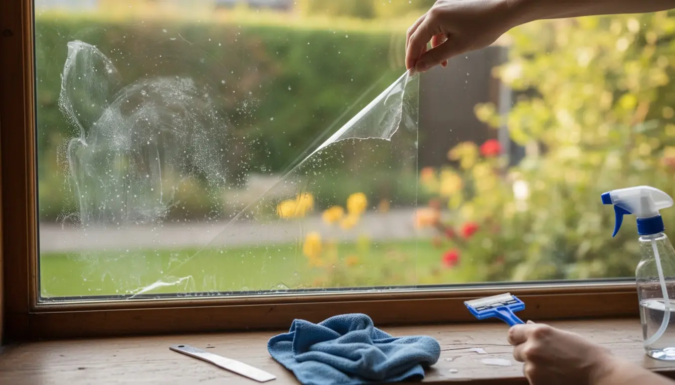Hænder fjerner klæbende folie fra et vindue med skraber og sprøjeflaske, den ene side er tæt og den anden klar.