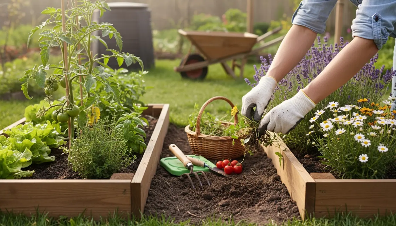Hænder trækker ukrudt op mellem grøntsager og prydplanter i en køkken- og prydhave.