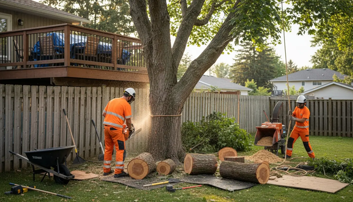 Professionelle fælder og rydder et stort ahorntræ tæt ved en terrasse og et hegn.