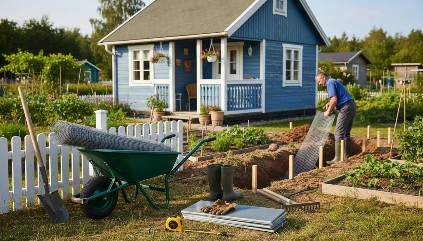 Kolonihavehus med en udgravet rende omkring fundamentet og hænder, der sænker galvaniseret net og plader ned for rotte- og musesikring.