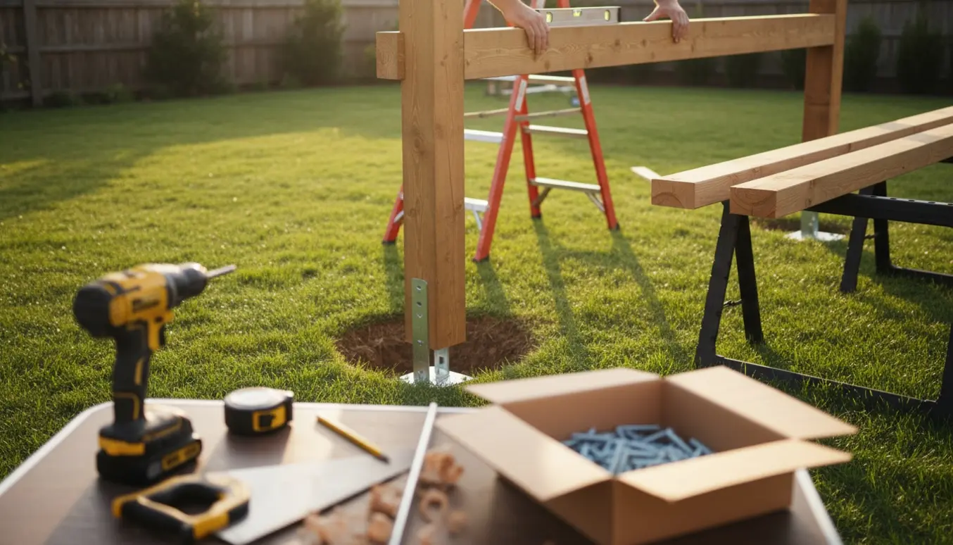 Delvist opført træpergola på græsplæne med værktøj og hænder, der justerer en bjælke i varmt sidelys.