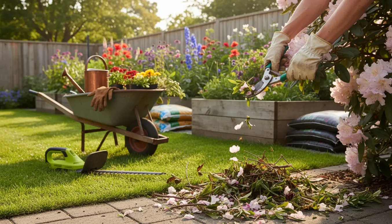 Nærbillede af handskerede hænder, der beskærer en busk med nyklippet græs og en trillebør fuld af haveaffald i varmt sollys.
