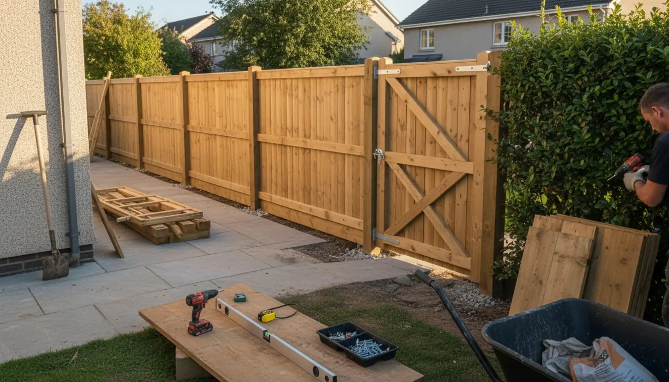 Delvist monteret træhegn på cirka 12 meter med tre låger ved husmur og hæk, værktøj og materialer i forgrunden.