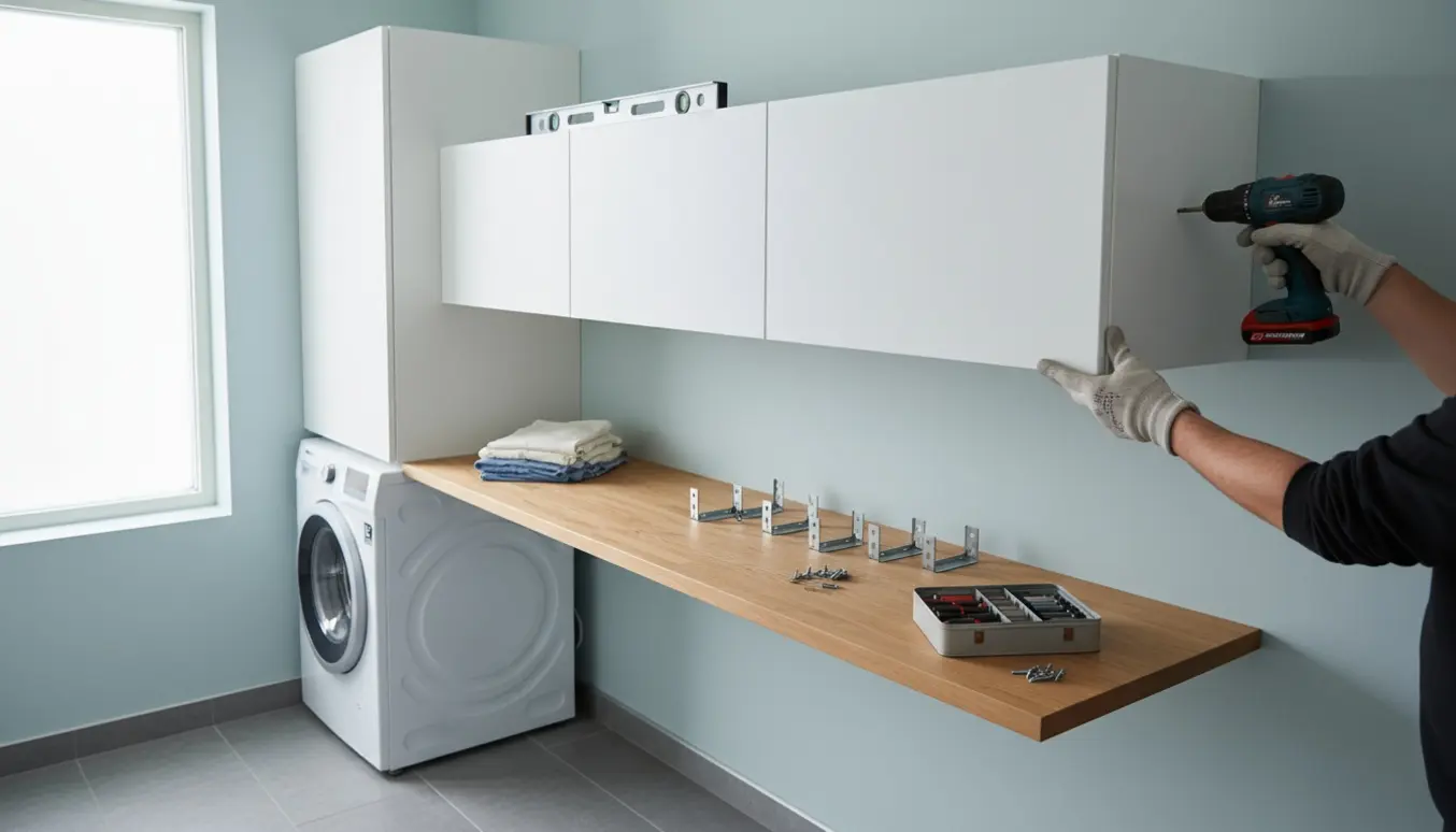 To hvide overskabe monteres i et lyst bryggers med handsker og værktøj i fokus.