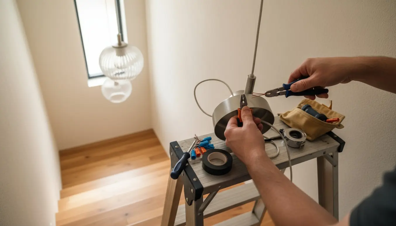 Hænder forkorter og monterer ledning til en Ø30 cm pendellampe i entréen ved trappen.