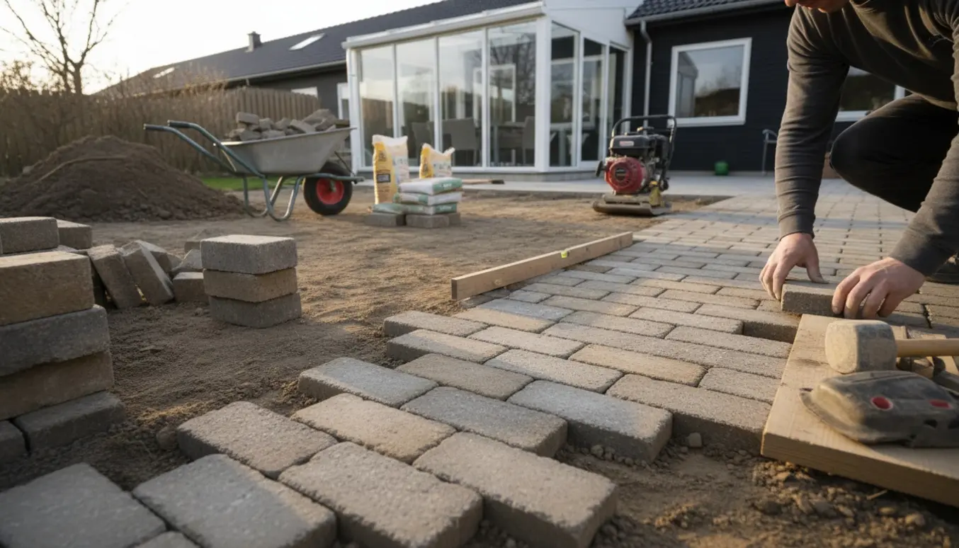 Rækkehushave med terrasse hvor nye herregårdssten bliver lagt, med værktøj og bunker af gamle sten i baggrunden.