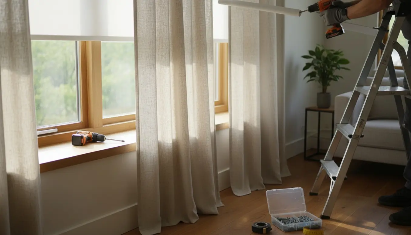 Hænder monterer et rullegardin og stofgardin ved et vindue med værktøj og naturligt lys.