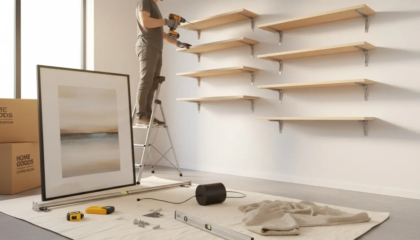Hænder monterer reolmoduler, gardinstang og lamper i en stue med værktøj og flyttekasser.
