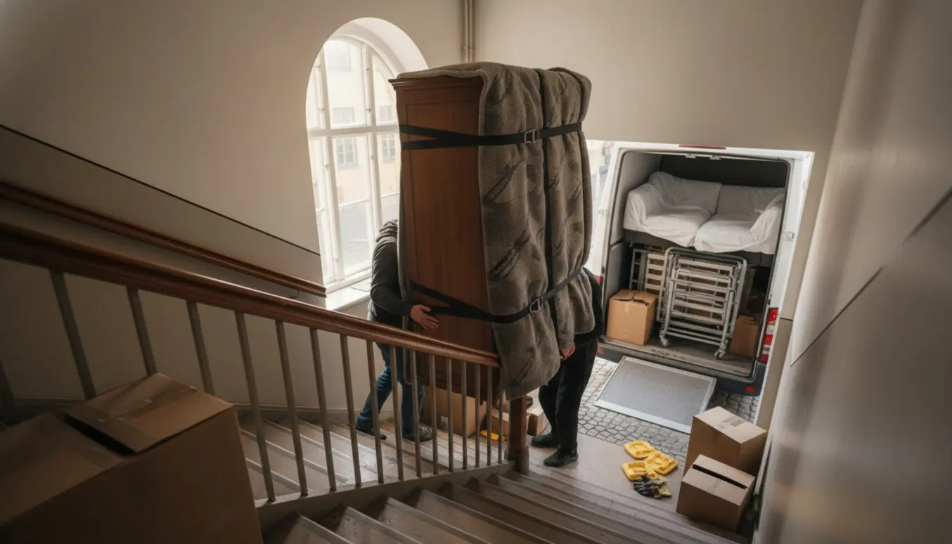Flyttefolk bærer et stort skab ned ad en trappe, med en åben flyttebil og indpakket møbler udenfor.