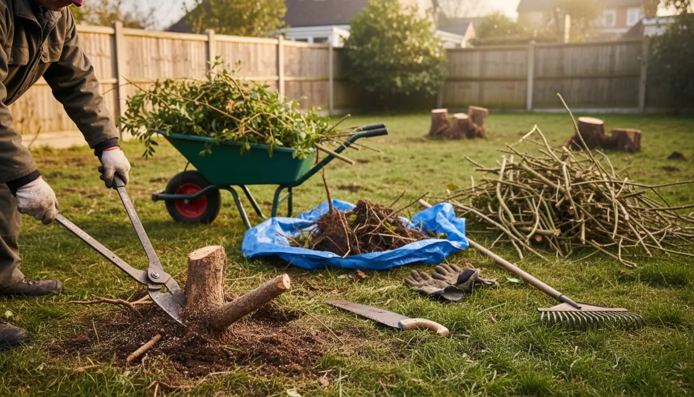 Rydning af have med trillebør, værktøj og bunke af beskårne buske, person set bagfra.