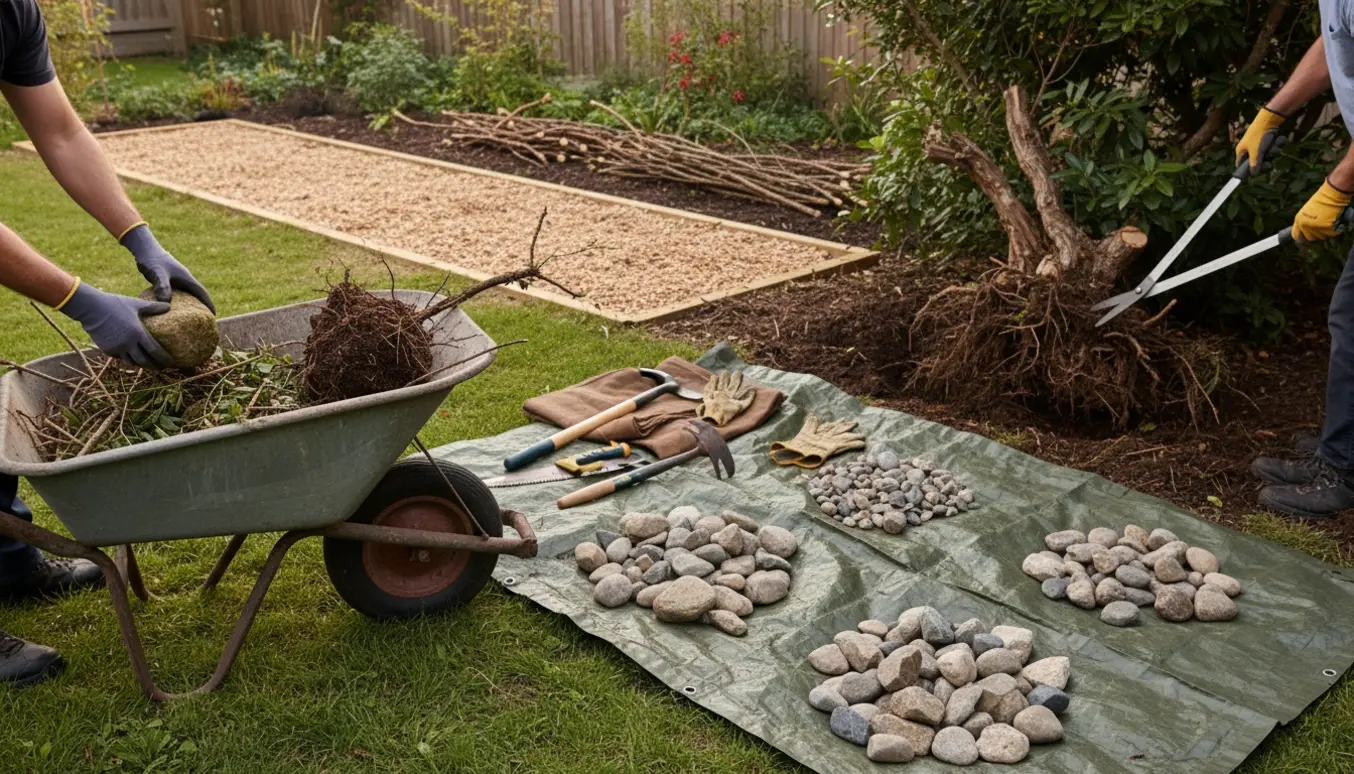 Rydning af overgroede buske og sortering af løftbare sten i en baghave.