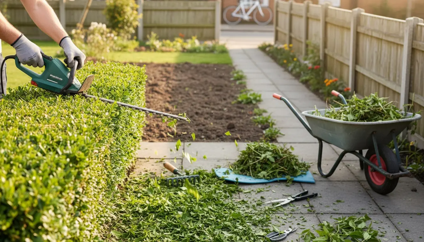 Nærbillede af hækkeklipning og ukrudtsrens i en soloplyst have med håndværktøj og samlet grønt affald.