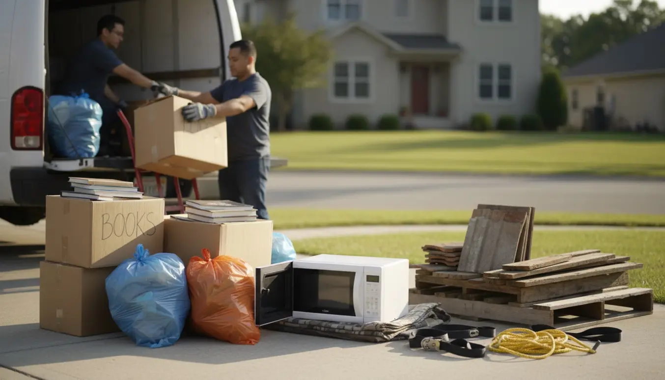 Affald klar til afhentning på en indkørsel med papkasser, fyldte bogkasser, mikrobølgeovn og tagplader læsset i en varebil.