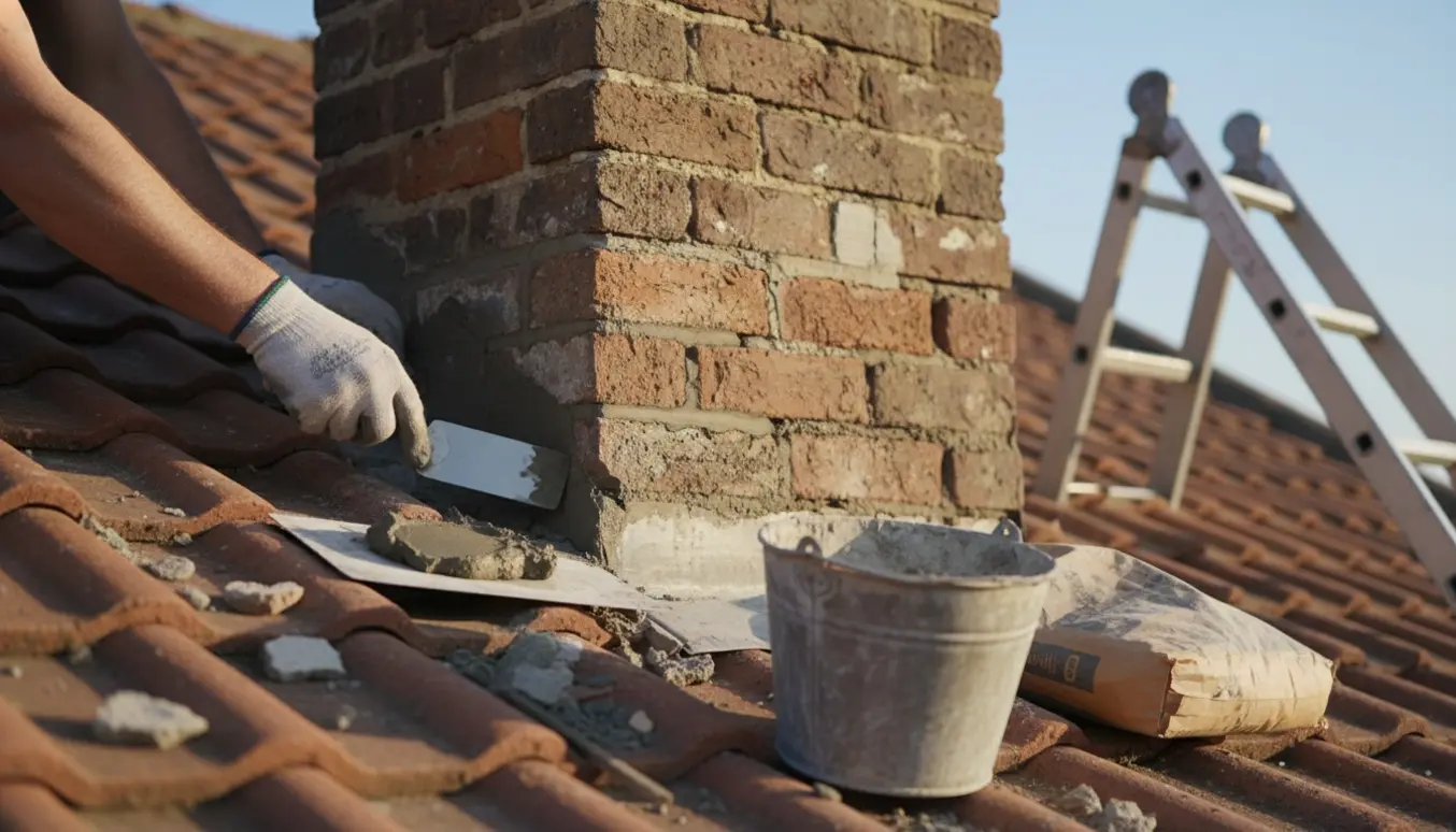 Nærbillede af en skorsten under pudse- og fugearbejde med murerhænder, murske og mørtel på taget.