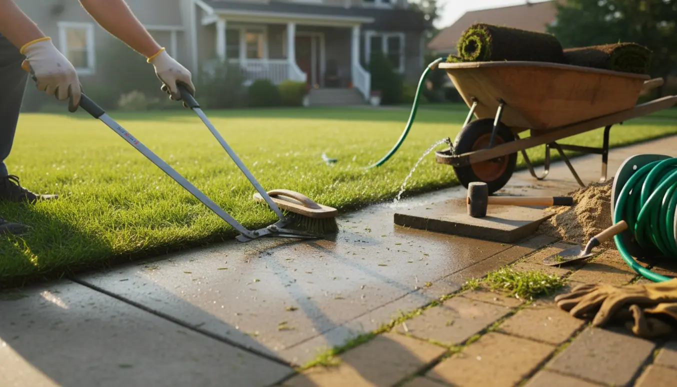 Hænder i handsker trimmer græs langs et fortov med værktøj, rullegræs og vådt fortov i forgrunden.