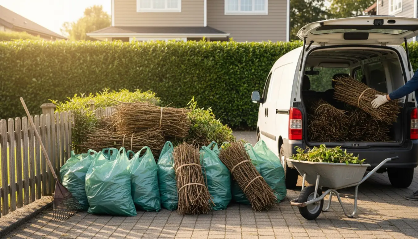 Fyldte haveaffaldsposer og bundne hækklip ved en åben varevogn klar til afhentning.