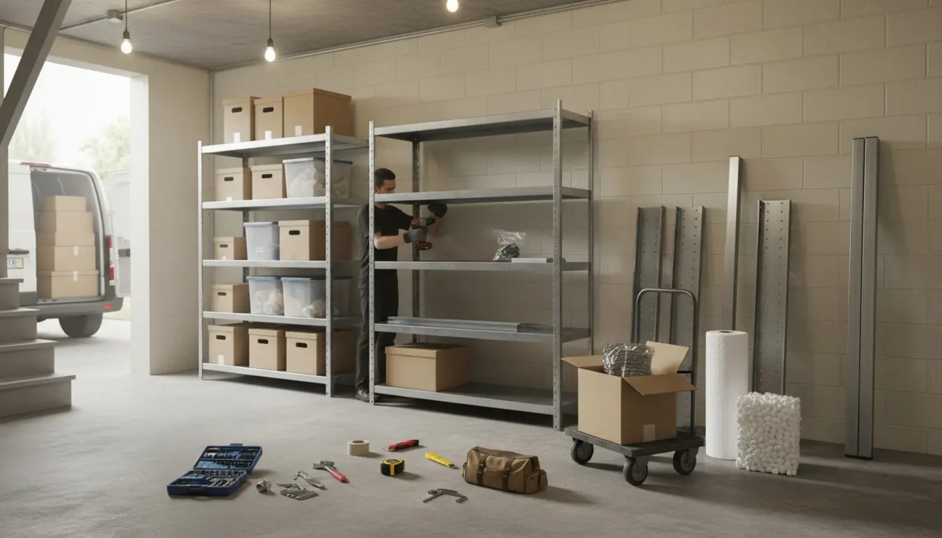 Kælderrum med tre stålreoler under samling, kasser på hylderne og værktøj klar til brug.