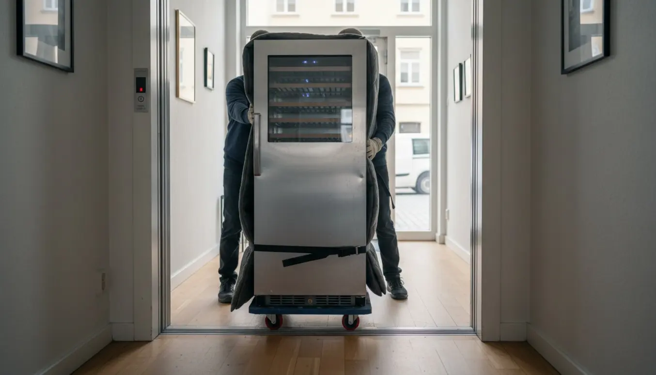 Et defekt, tungt vinkøleskab transporteres ud gennem elevatoren i en københavnsk opgang af to hjælpere med sækkevogn og beskyttelsestæpper.