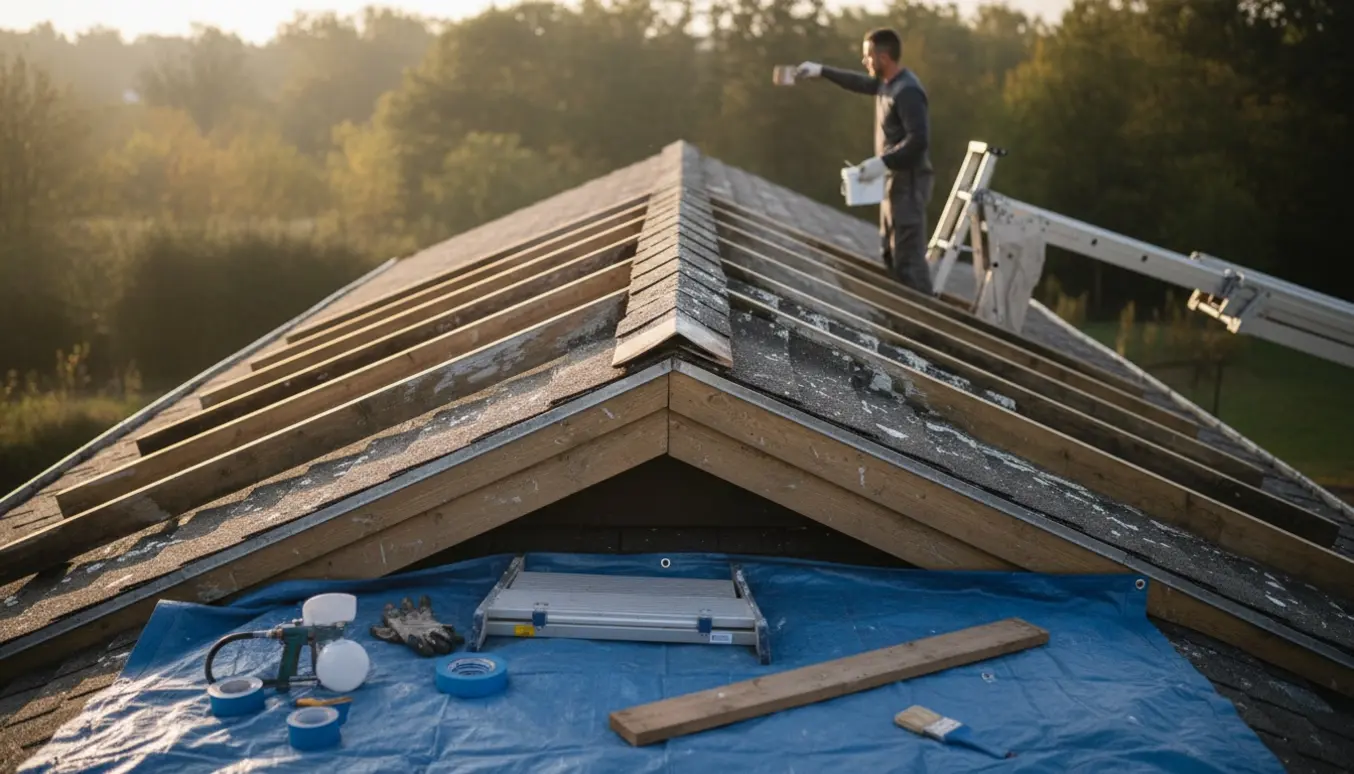 Umalet tagryg og yderste spær på et 1½‑etages hus med malerens værktøj på stige og presenning.