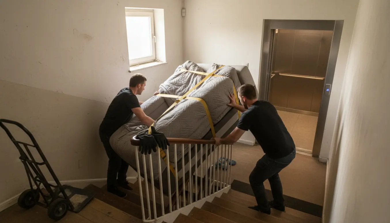 Flyttefolk bærer en stor sofa gennem en smal opgang med flyttetæpper og løftestroppe.