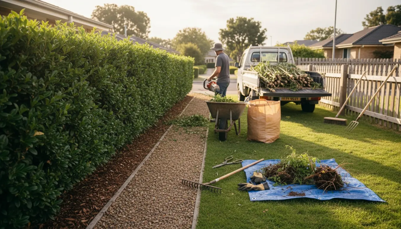 En person trimmer en hæk og læsser hækafklip i en trillebør ved en velplejet forstadshave.