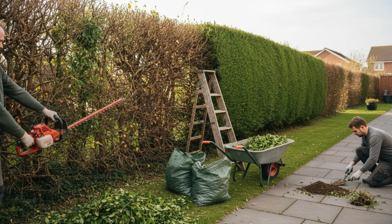 Nærbillede af hækkeklipning med hækklipper, fyldte affaldssække og fjernelse af ukrudt ved fliser.