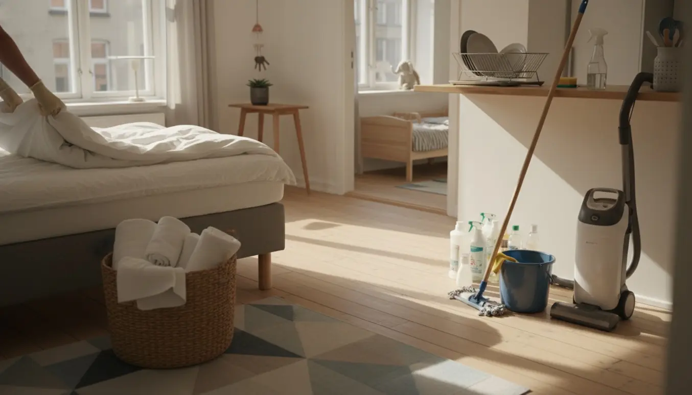 Soloplyst Nørrebro-lejlighed under rengøring med nyvasket sengetøj, støvsuger og rengøringsmidler.