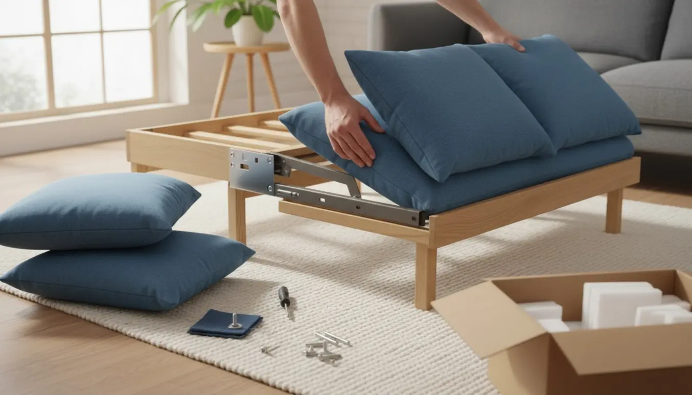 Nærbillede af hænder, der samler en lille sovesofa i et lyst, moderne opholdsstue.